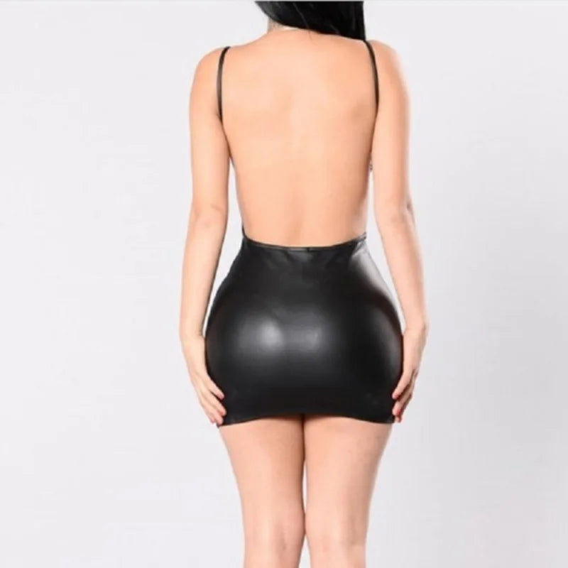 Sexy Faux Leather Dress Backless Club Party Short Dress Solid Black Wet Look Latex Bodycon Push Up Bra Mini Micro Dress - reetell