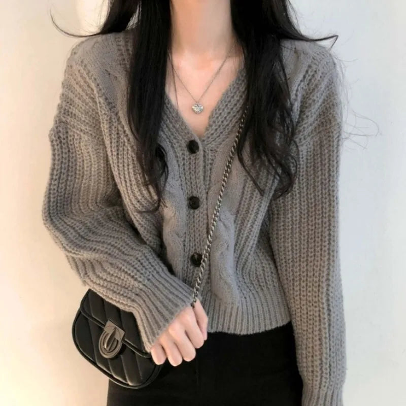 Button Front Cable Knit Cardigan Women's Vintage Long Sleeve Sweater Jacket Ladies Korean Fashion Autumn Winter Knitwear - reetell