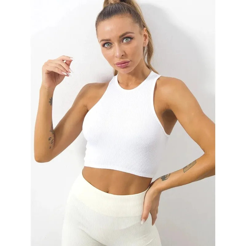 Crop Top Women Solid Basic T-shirts Vest Seamless Streetwear Elastic Rib-Knit Sleeveless Casual Tank Tops Female - reetell