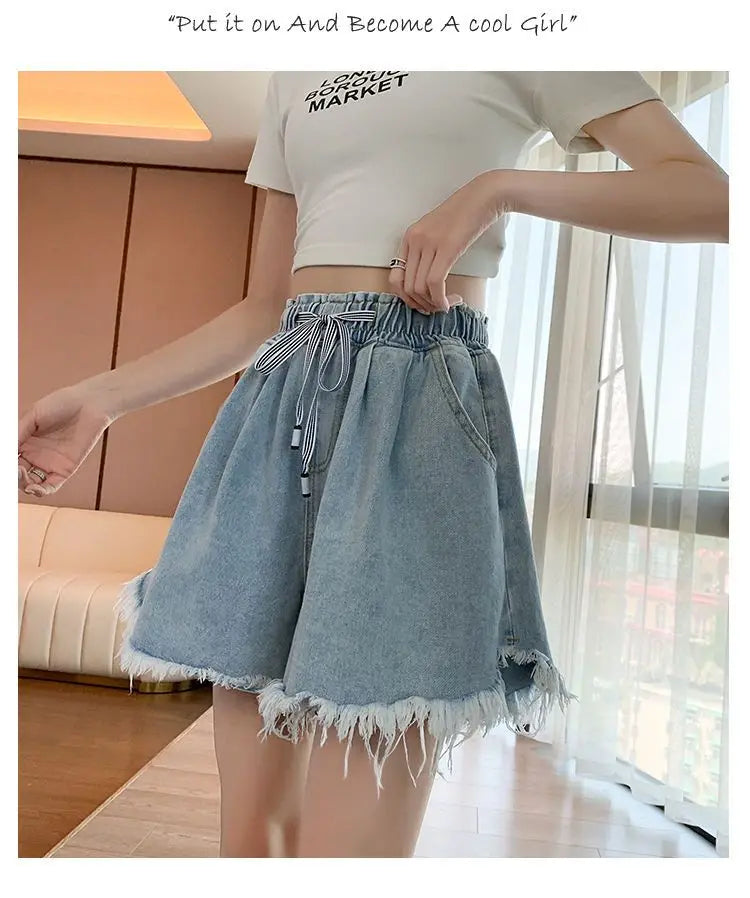 Big Size Denim Shorts Summer Thin Section Wide Leg Wide Loose Tight High Waist Female Students Fattening Women Tassel Wide - reetell