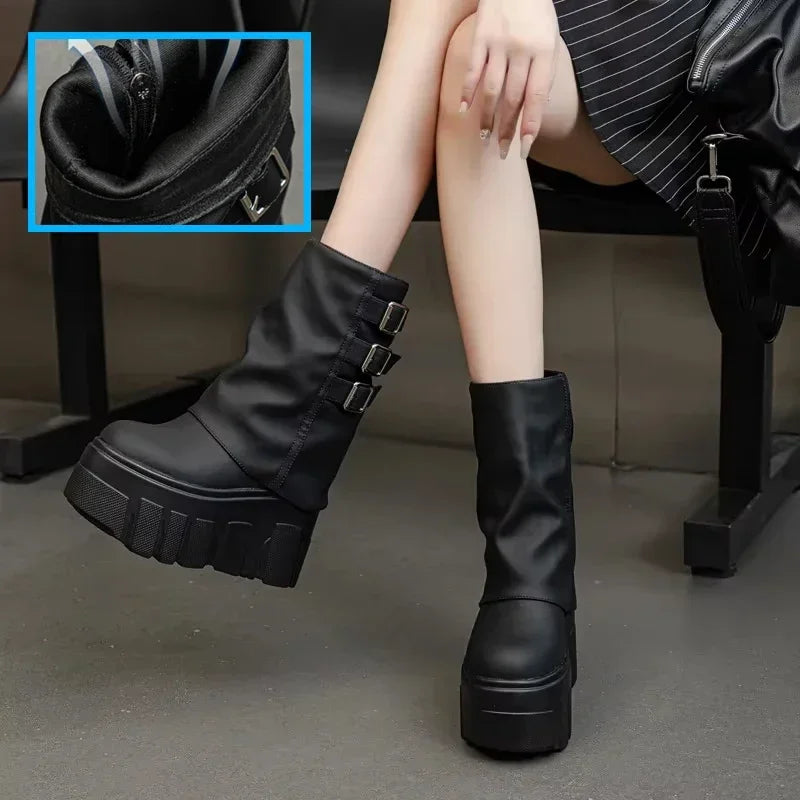 Fujin 14cm New Ankle Booties Shoes Natural Genuine Leather Boots Women Motorcycle Boots Platform Ladies Fashion Botas Winter