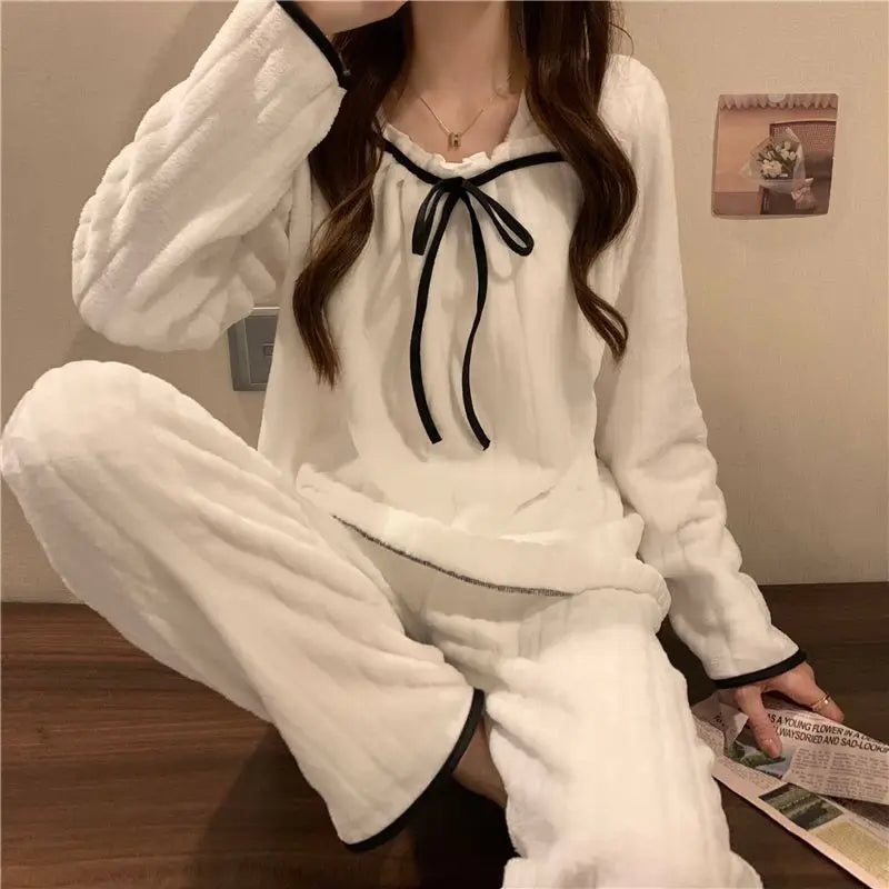 Coral Fleece Pajamas Sets for Women Autumn Winter Thick Warm Sweet Long Sleeve Sleepwear Nightgown Pijama Suit Mujer Homewear