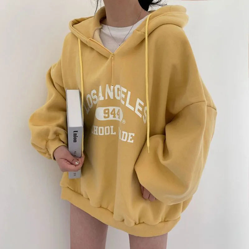 Fashion Letter Print Sweatshirts Women Autumn Winter Loose Preppy Thick Warm Hoodies Harajuku Casual Zipper Hooded Pullovers - reetell