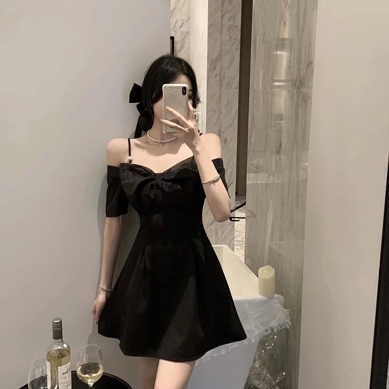 Zoki Bow Sexy Slash Neck Dress Women Summer Korean Elegant White Mini Dress Fashion All Match Party Night Camis Vestidos - reetell