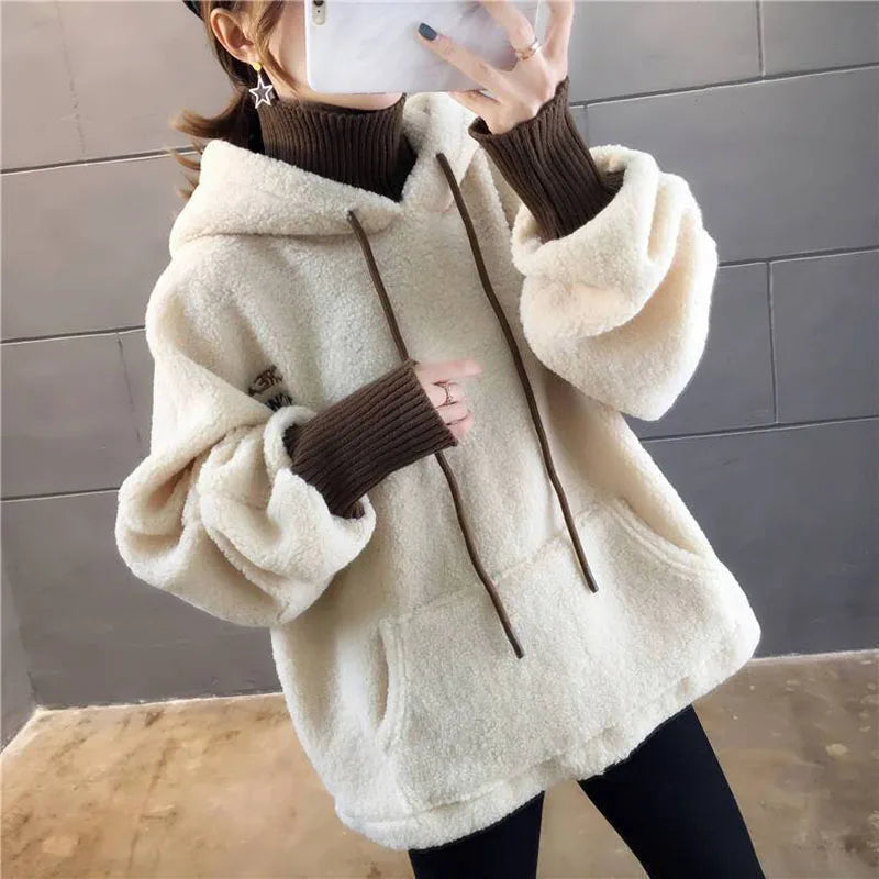 Faux Lamb Sweatshirt Women Loose Fake Two Piece Fashion Hoodies Fluffy Big Pocket Letter Long Sleeve Winter Female Tops - reetell