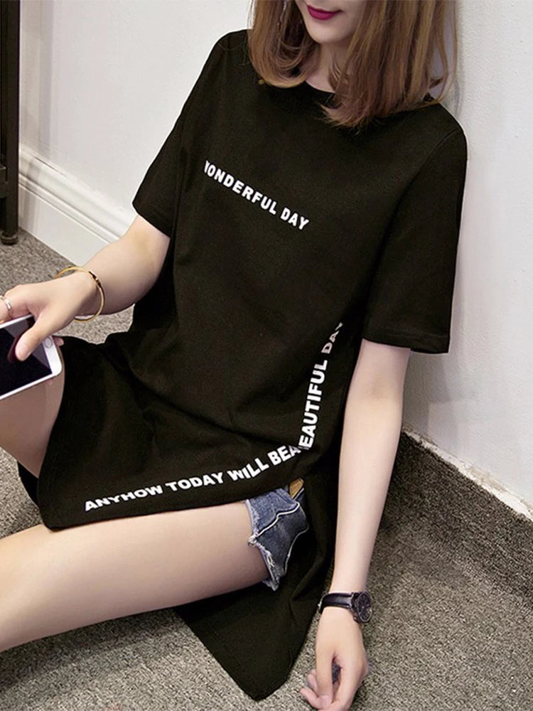 WONDERFUL DAY Print Long T shirts Summer Women Loose Slit Femme Tops Cotton Tshirt Short sleeve Ladies t-shirt - reetell