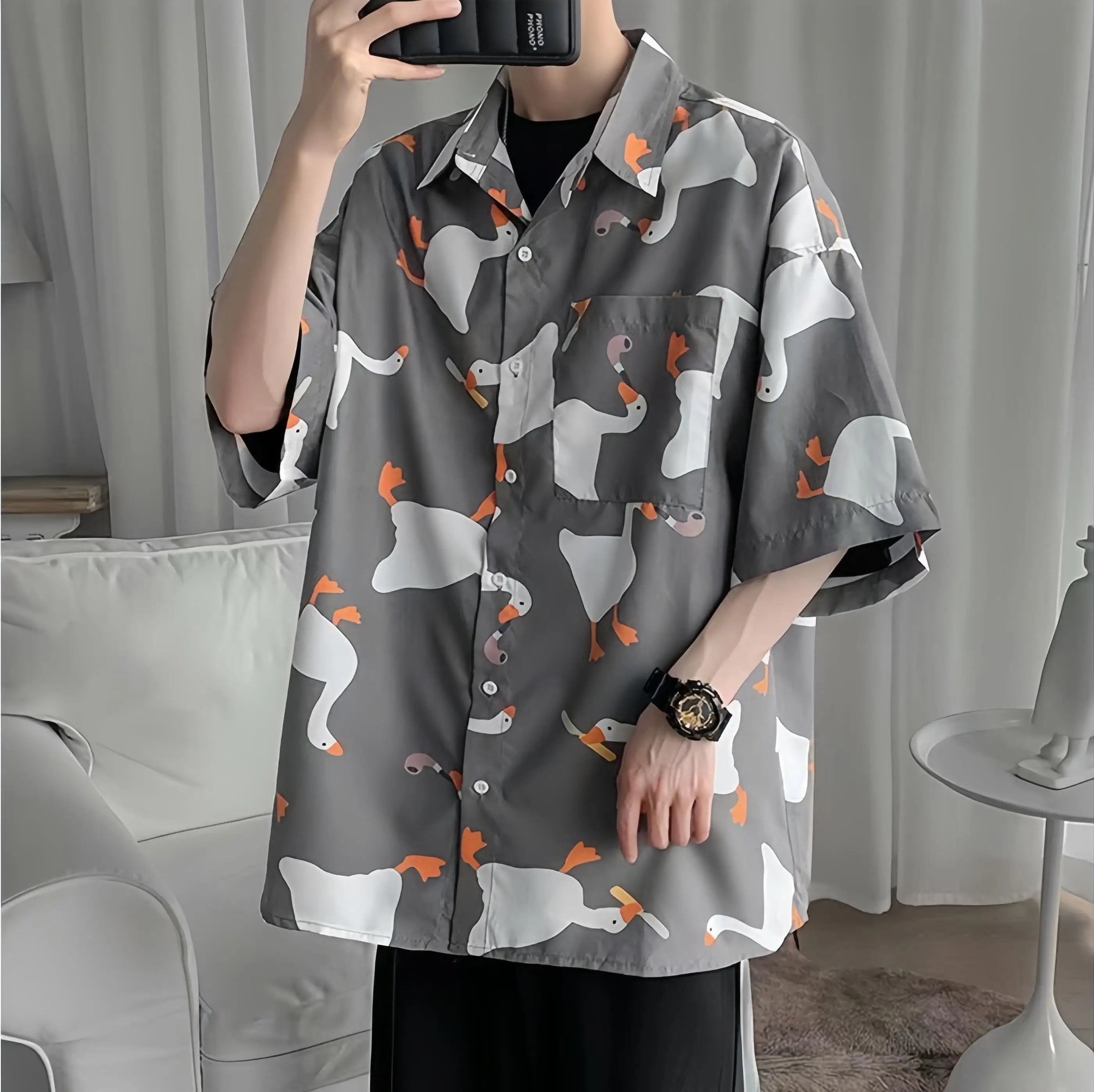 Men's Summer Thin Short Sleeve Shirt Loose Fit Casual Versatile Tops Fashion Goose Print Button Pockets Hawaiian Beach Shirt - reetell