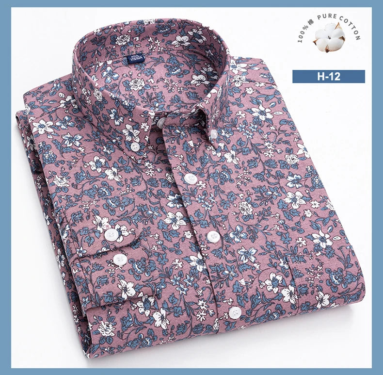 Men’s 100% Cotton Long Sleeve Shirts Vintage Floral Print Breathable Office Dress Shirt Casual Fashion Standard Workwear Shirts - reetell