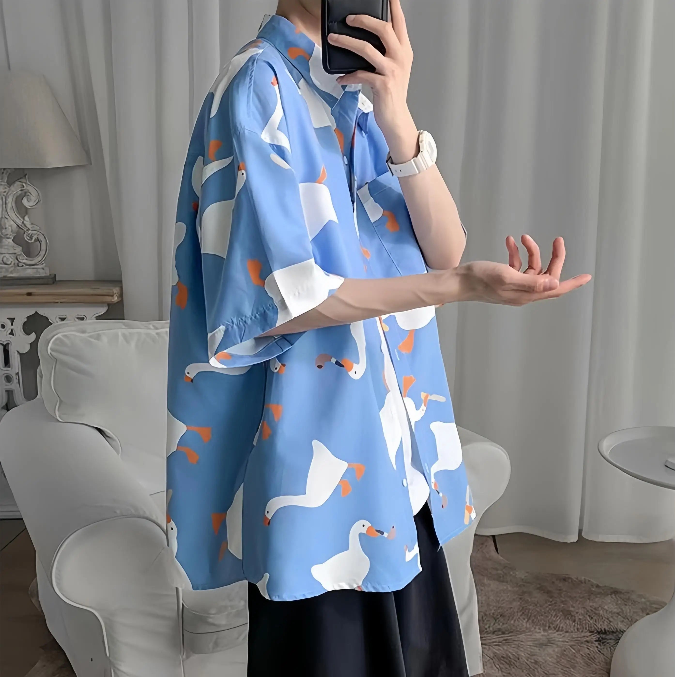 Men's Summer Thin Short Sleeve Shirt Loose Fit Casual Versatile Tops Fashion Goose Print Button Pockets Hawaiian Beach Shirt - reetell