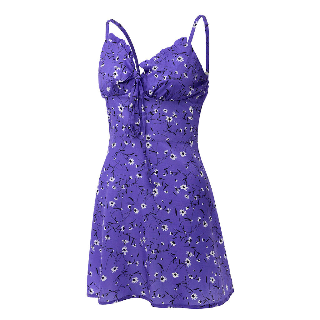 Mini floral dress for women, sleeveless strap, lace, V-neck, floral design, preppy style, A-line, new, 2024 - reetell