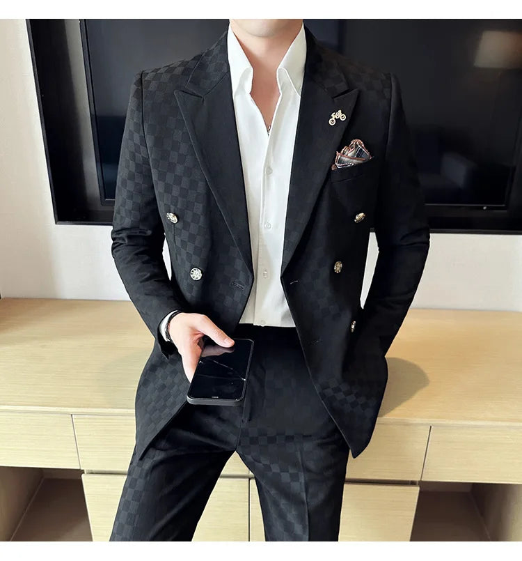 (Jacket+Pants) 2 Pieces Blue Apricot Business Party Men Suits Double Breasted Formal Style Custom Made Wedding Groom Tuxedos - reetell