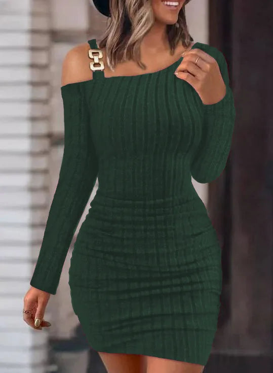 Sexy Chain Off Shoulder Mini Dress Women Autumn Fashion Bodycon Long Sleeve Dresses For Women Winter Skinny Knitted Vestidaos - reetell