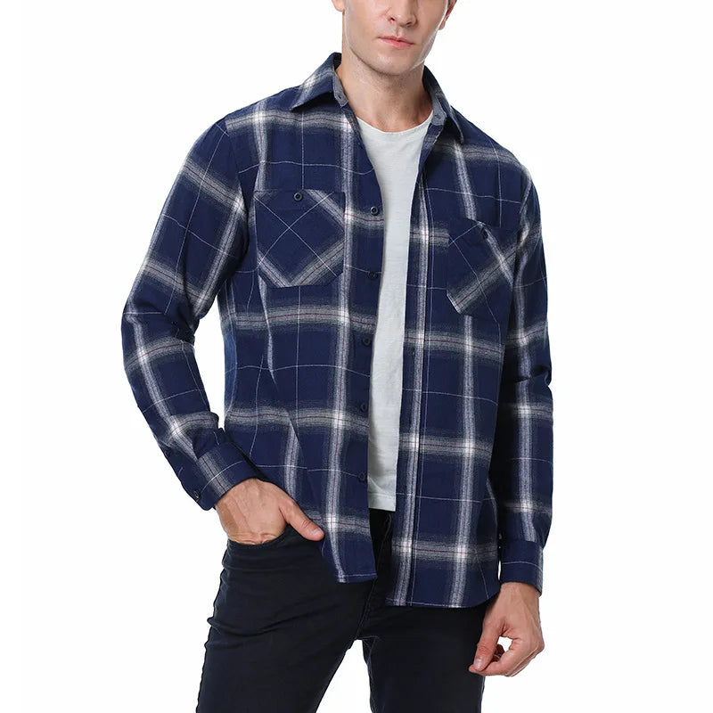 2023New Men Casual Plaid Flannel Shirt Long-Sleeved Chest Two Pocket Design Fashion Printed-Button