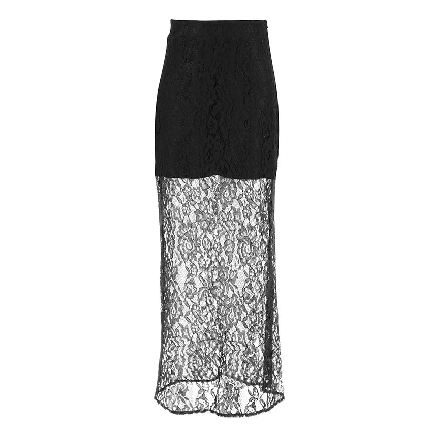 Talenza Black Lace See-through Skirt Women's Sexy Slit Patchwork Skirt Fashion Casual Loose High Waist Slim Street Long Skirt - reetell