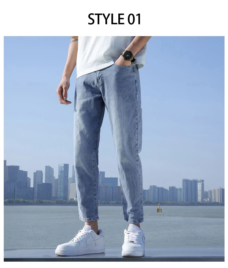 2024 New Men's Stretch Ankle Length Jeans Light blue Fashion Casual Cotton Slim Fit Denim Pants Korean Trousers Male Brand Cloth - reetell