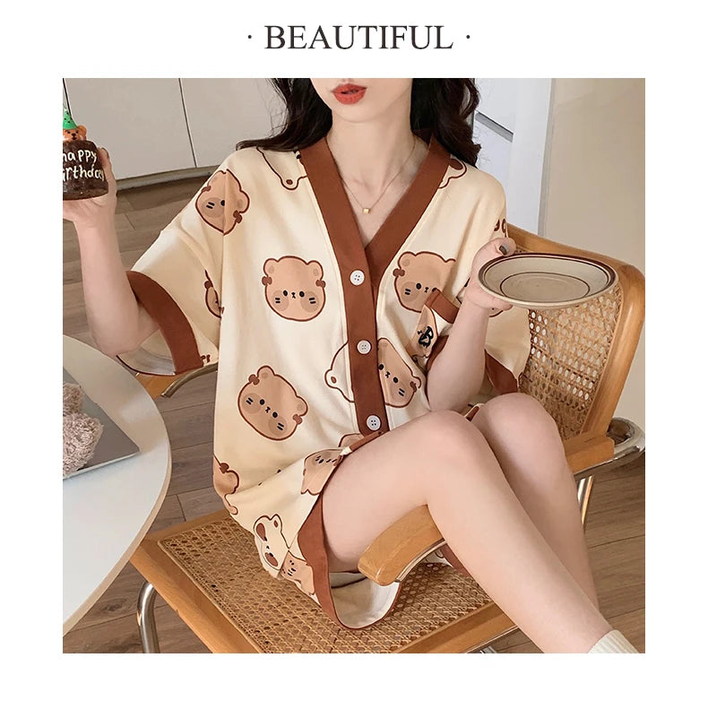 Korean Pajamas Set for Women Summer Loungewear Sleepwear Girls Sweet Lapel Pyjama Kawaii Bear Printed Pijamas Japanese Home Suit