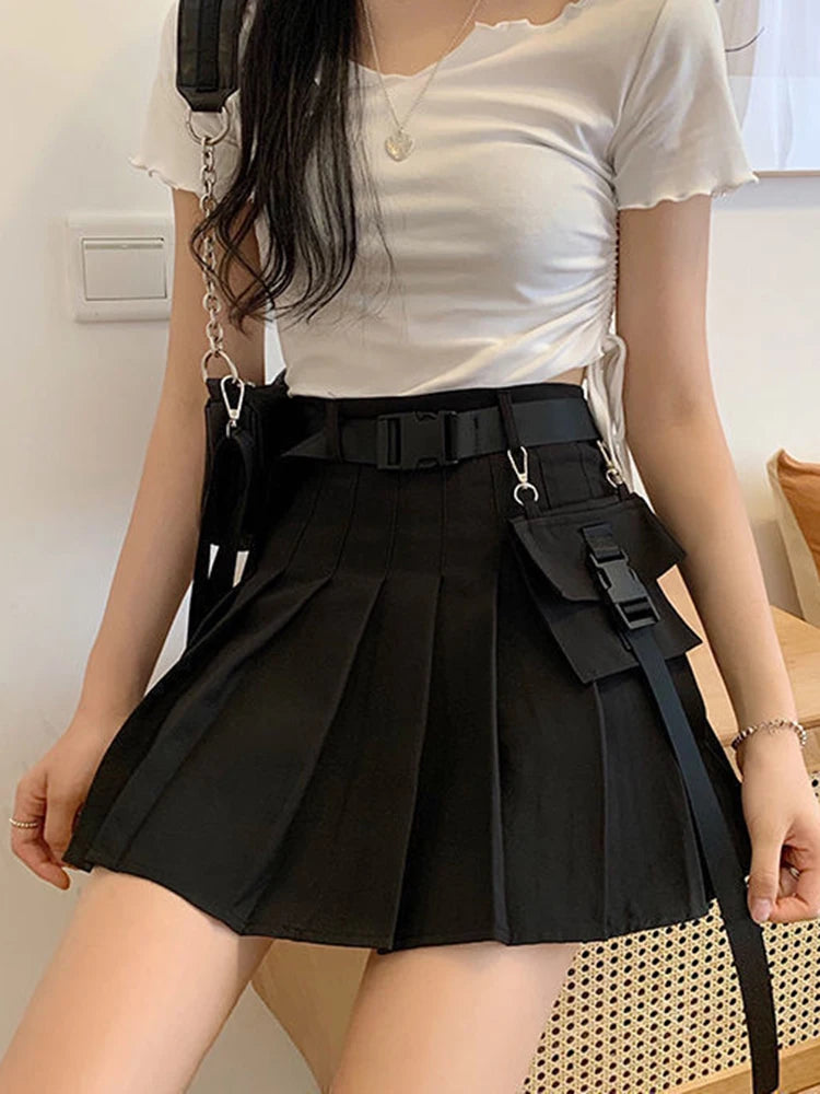 Zoki Harajuku Belt Pleated Cargo Skirt Women Fashion Gothic High Waist Pocket Mini Skirts Fashion Summer Lady A Line Black Skirt - reetell