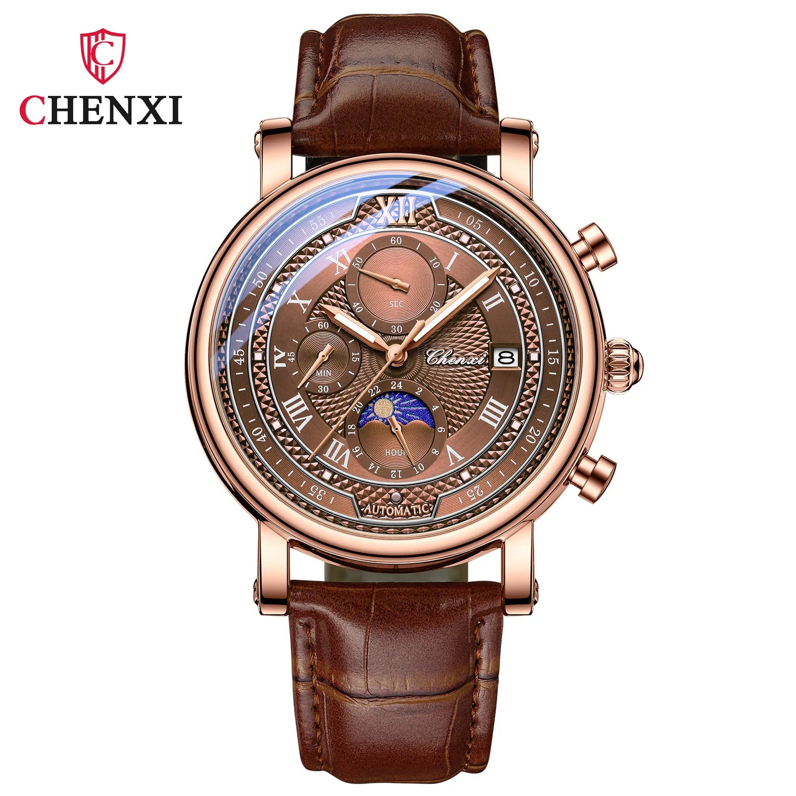 Chenxi 976 Leather Chronograph Date Men's Phase Of The Moon Timing Business Luminous Quartz Watch Relojes para hombres