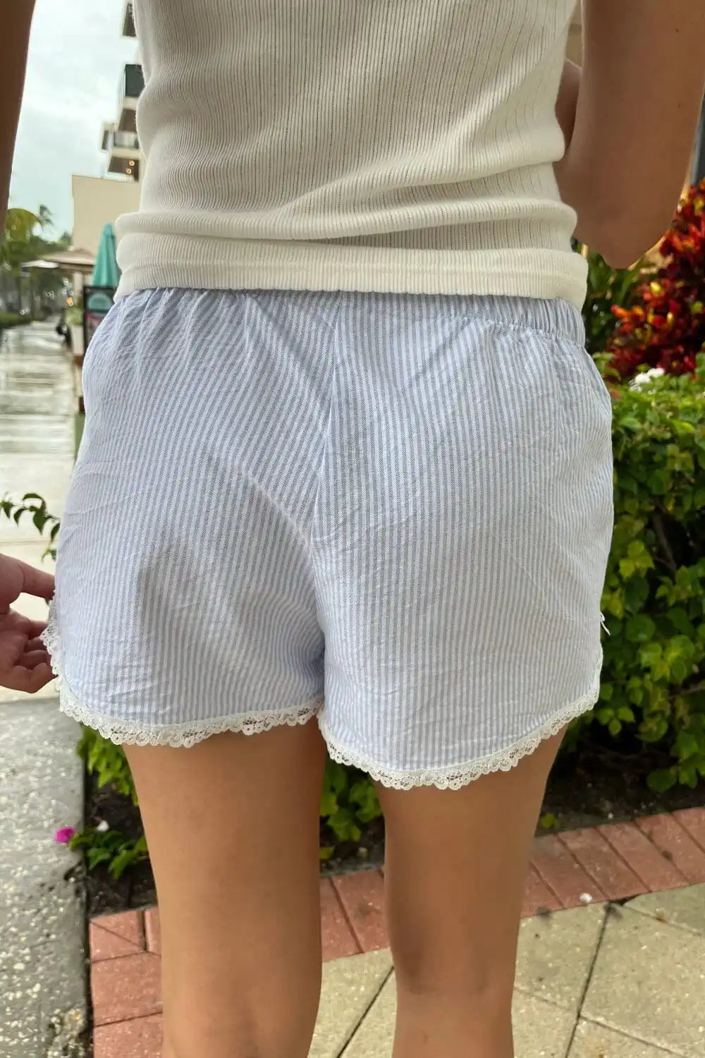 Lace Patchwork Stripes Shorts Women Cotton Buttons Elastic High Waist Casual Straight Short Pants Sweet Bow Summer Sweatshorts - reetell