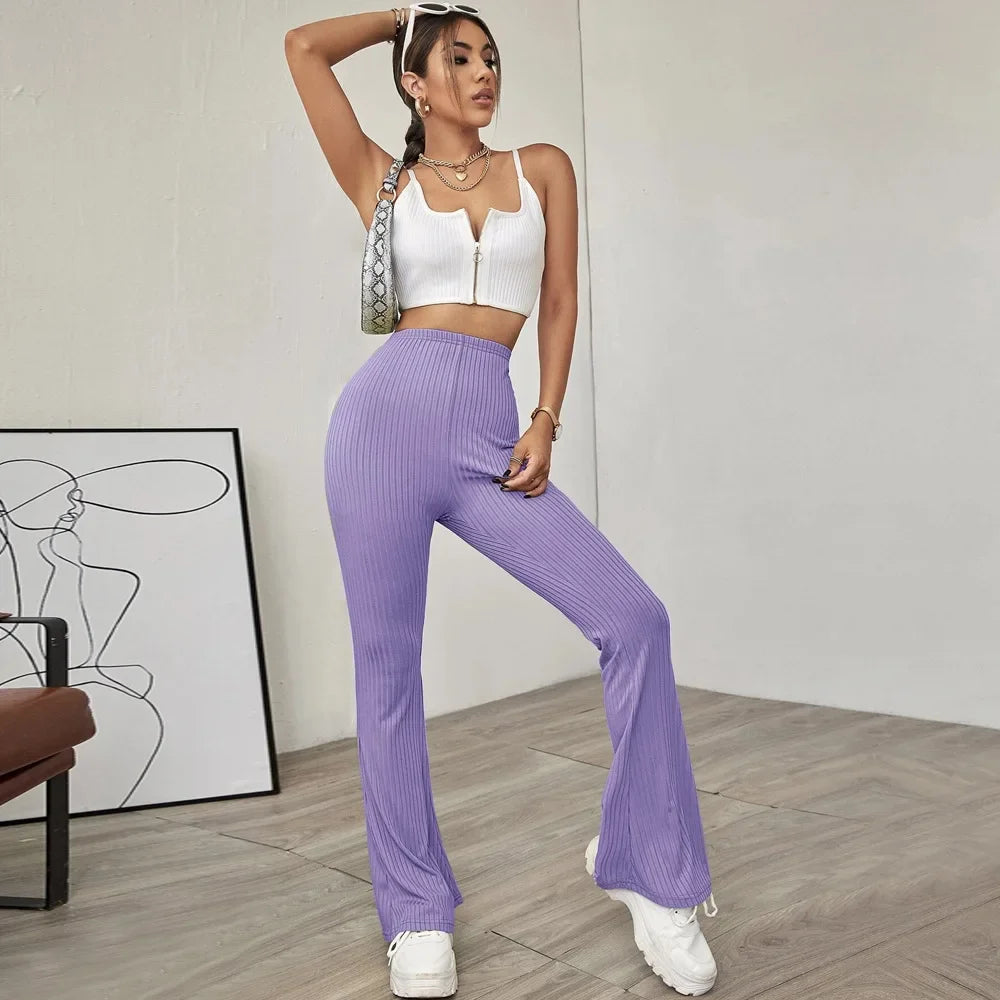 2024  temperament high-waist slimming beltless slightly flared knitted casual trousers for women - reetell