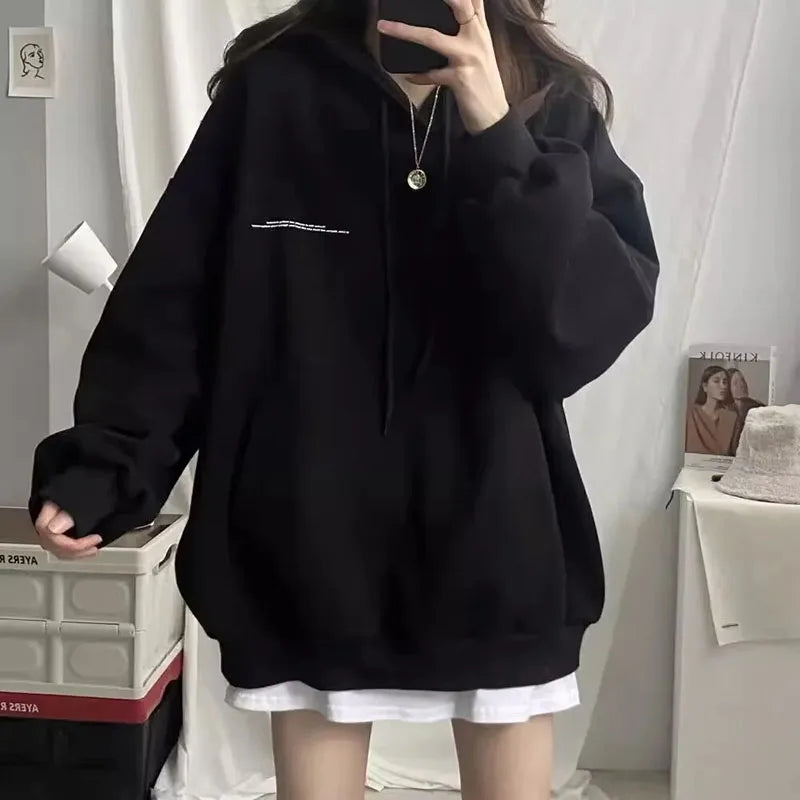 100% Cotton Letter Print Loose Sweatshirt Women Autumn Korean Oversized Lazy Style Casual Hoodie Harajuku All Match Streetwear - reetell