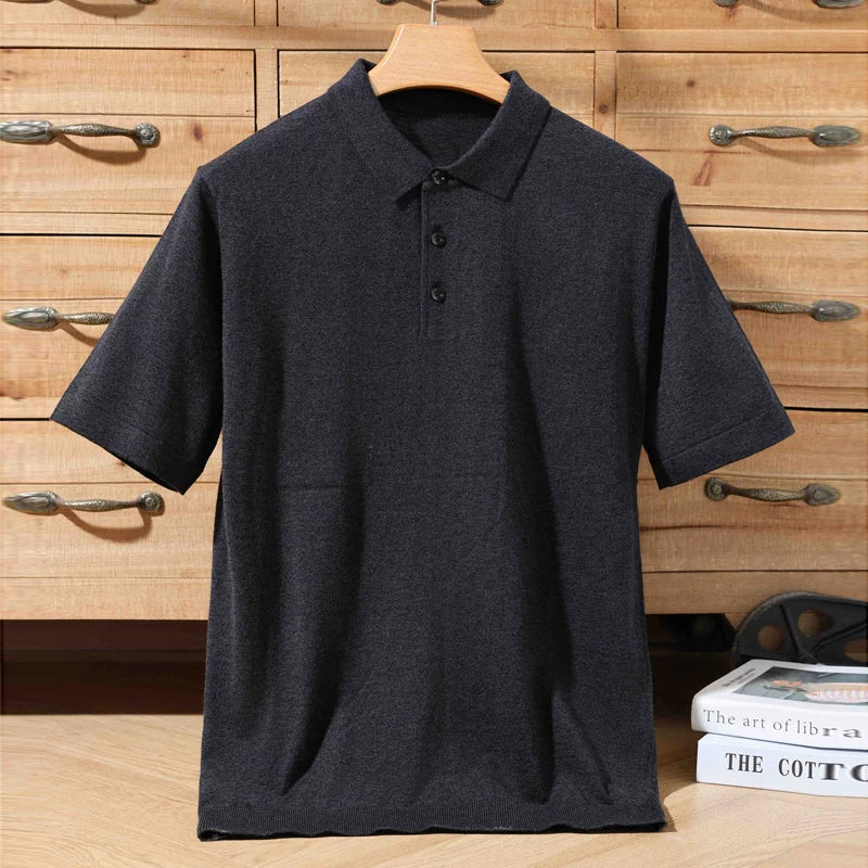 100% merino sweater summer men's lapel pullover short sleeve POLO neck sweater loose top knitted clothing plus size T-shirt