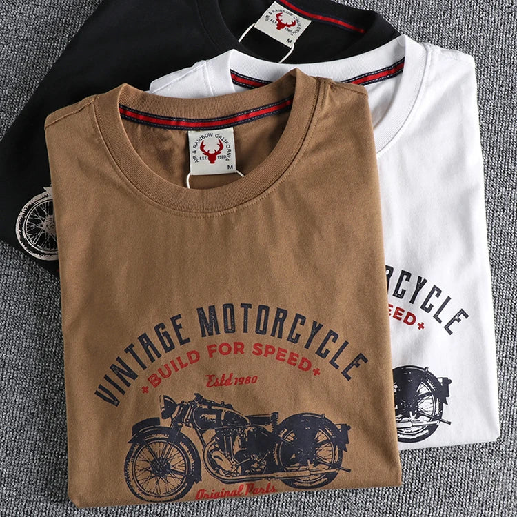 Summer  American Retro Short-sleeved O-neck Motorcycle Printed T-shirt Men's Fashion Simple 100% Cotton Washed Casual Sport Tops - reetell