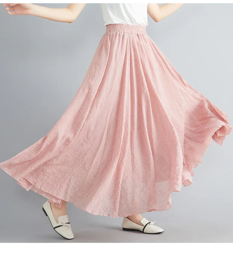 Solid Cotton Linen Women Skirts Maxi Ethnic Style Beach Saia Ropa Mujer Casual Harajuku Boho Long Skirt Woman Clothing Faldas - reetell