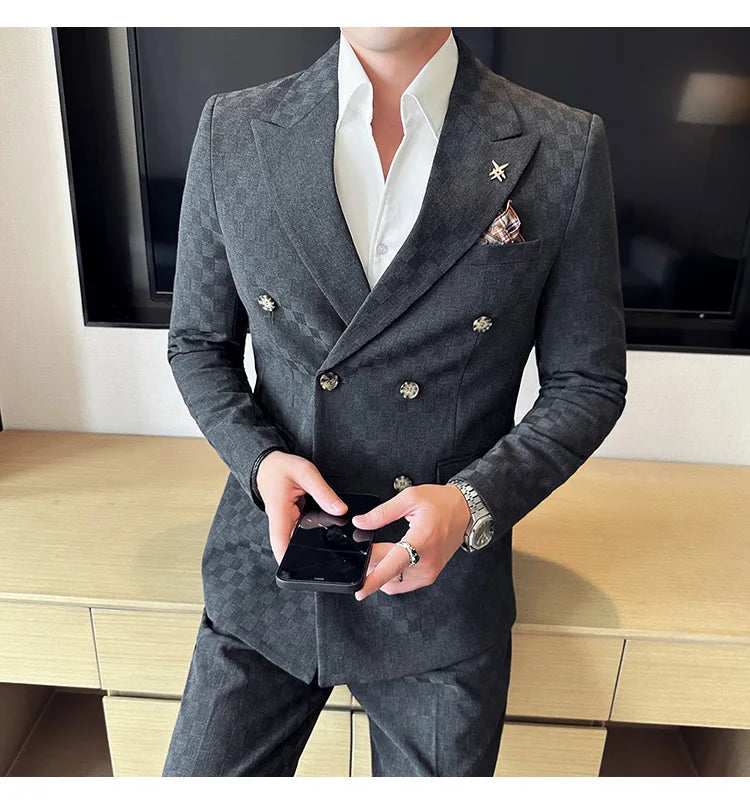 (Jacket+Pants) 2 Pieces Blue Apricot Business Party Men Suits Double Breasted Formal Style Custom Made Wedding Groom Tuxedos - reetell