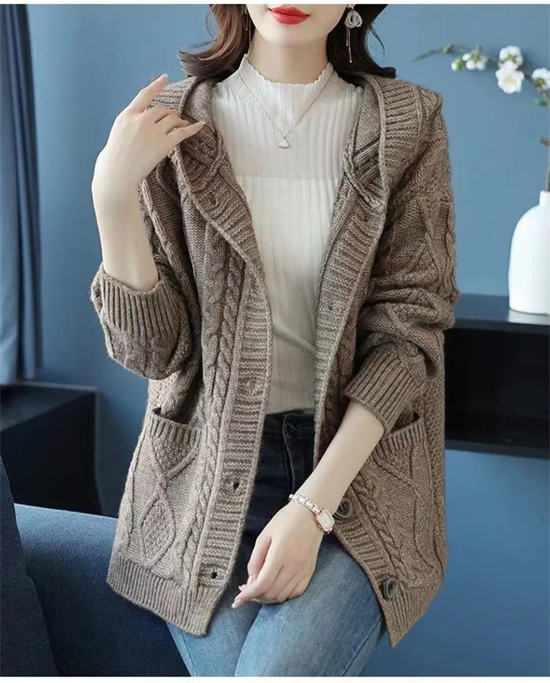 Hooded Sweater Spring And Autumn Mother Sweater Jacket Female Jacket 2023 New Loose Pocket Zipper Knitted Cardigan Mom HoodyCoat - reetell