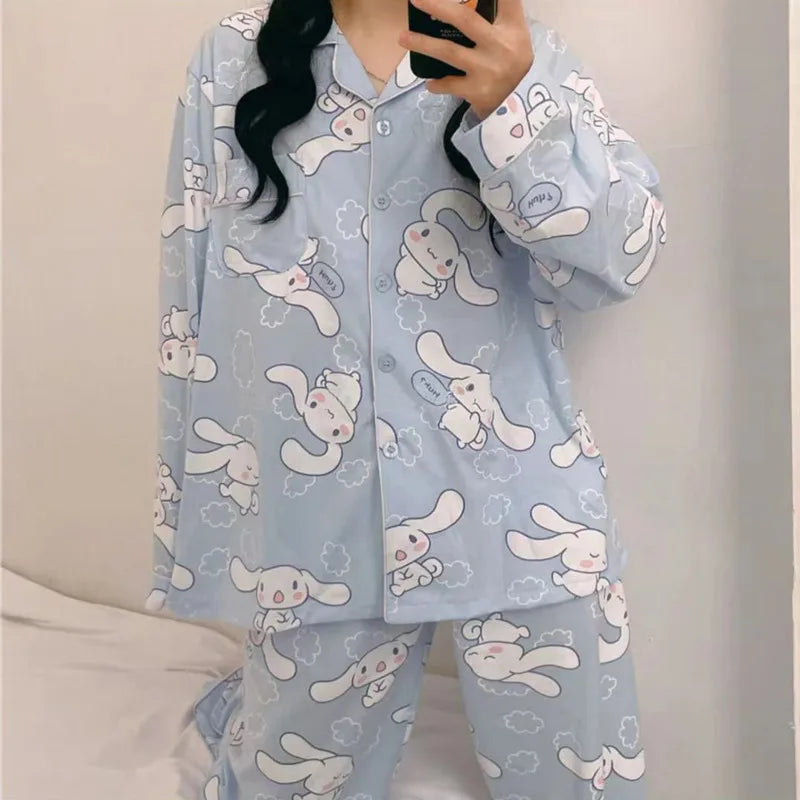 Sanrio Cinnamoroll Cartoon Women's Pajama Y2k Cute Fashion Sleepwear Set Woman 2 Piece Long Sleeve Home Suit For Female 2023 New