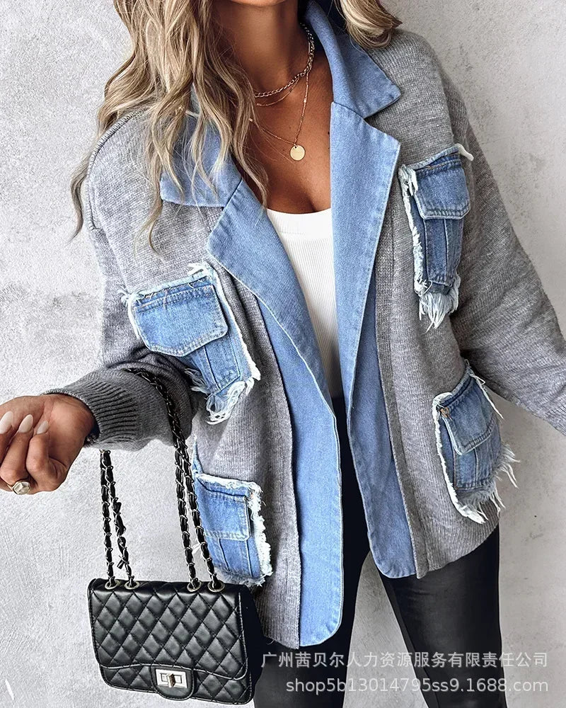 Raw Hem Cardigan Women Sweaters Patchwork Notched Collar Knitted Denim Jackets Jumpers Pockets Thick Coats Autumn Winter Outwear - reetell