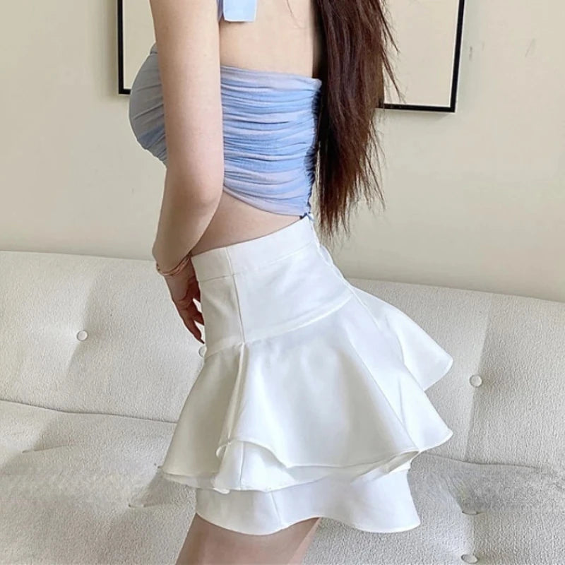 Ball Gown Skirt Women Summer Fashion Elegant Asymmetrical Ruffles Solid Mini Skirt Korean High Waist Sexy All Match A Line Skirt - reetell