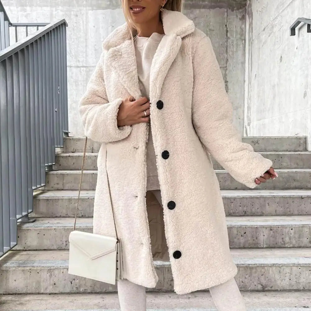 Trendy Women Overcoat Autumn Winter Women Trench Coat Long Style Pure Color Single-breasted Teddy Jacket  Windproof - reetell