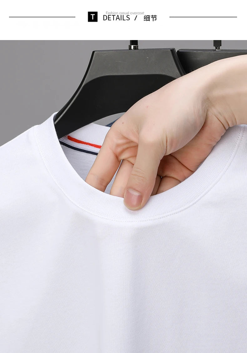 2024 New 100% Cotton T-shirt High end Brand Men Summer Fashion Korean Stripe Print Short Sleeve Hem Split Half Sleeve Men's Wear - reetell