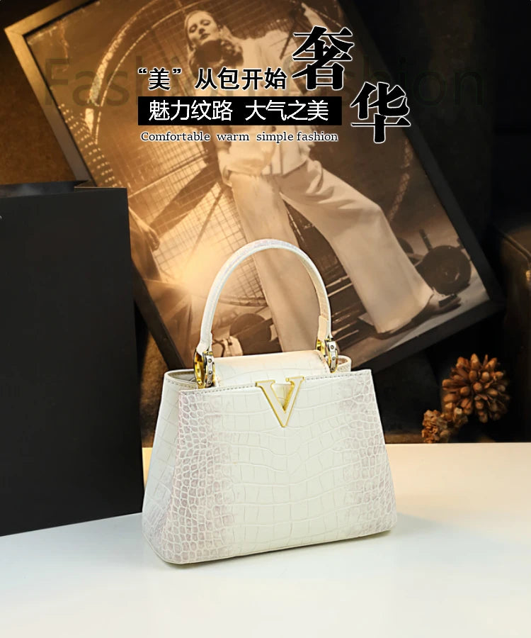 Luxury Fashion White Leather Women Handbags 2024 New Female Small Shoulder Messenger Bag Crocodile Pattern Portable Shell Bags - reetell