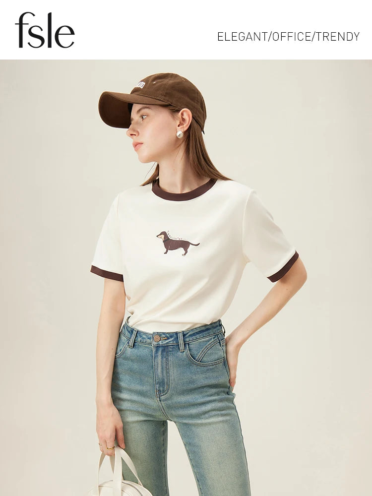 FSLE Women Short Sleeve Tees 100% Cotton Round Neck Women T-Shirts Animal Print Summer Female Loose Tee 24FS12185 - reetell