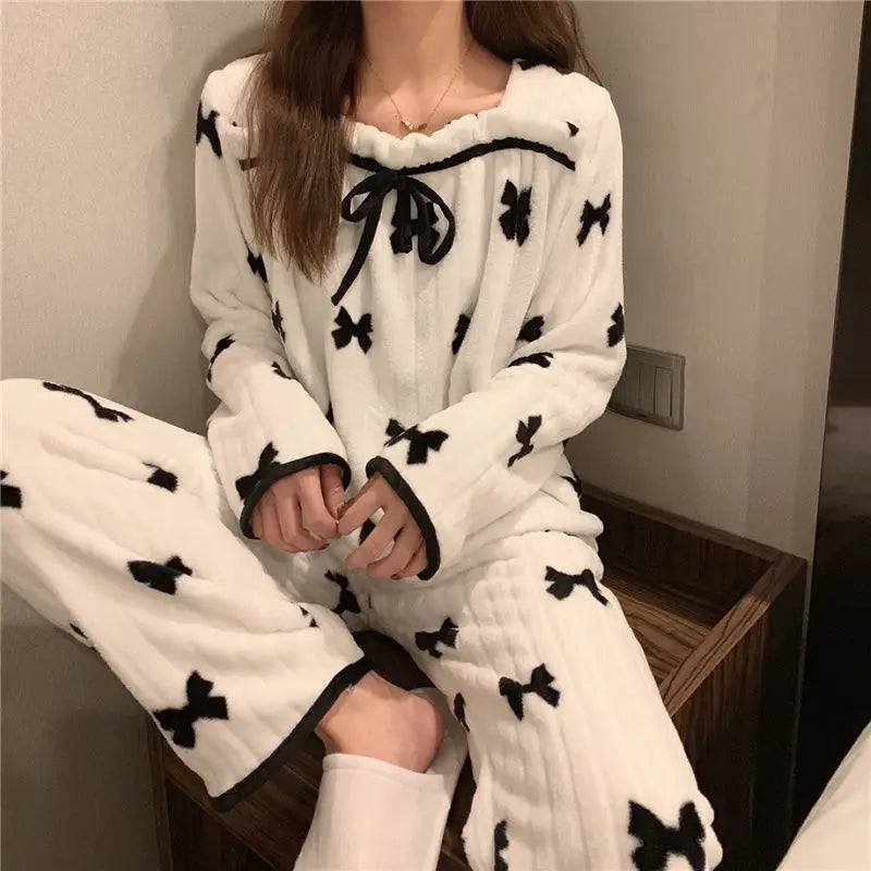 Coral Fleece Pajamas Sets for Women Autumn Winter Thick Warm Sweet Long Sleeve Sleepwear Nightgown Pijama Suit Mujer Homewear