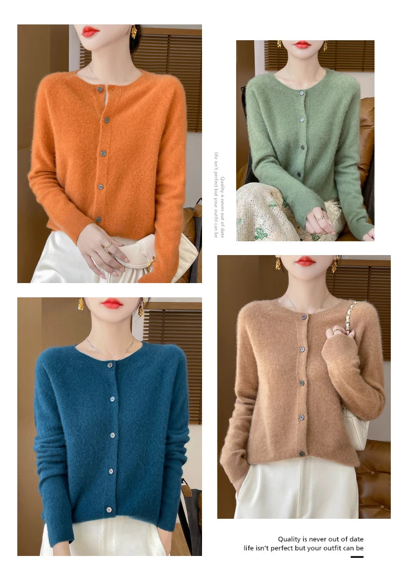 100% Merino Wool Long Sleeve Sweaters Cashmere Cardigan Spring Autumn Women O-Neck Knitwear Tops Clothing Fashion Basic Tops - reetell