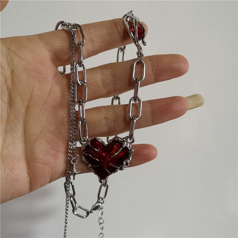 Punk Gothic Red Lava Star Cross Heart Pendant Leather Rope Necklace Women Men Hip Hop Y2K 90s EMO Accessories Aesthetic Jewelry