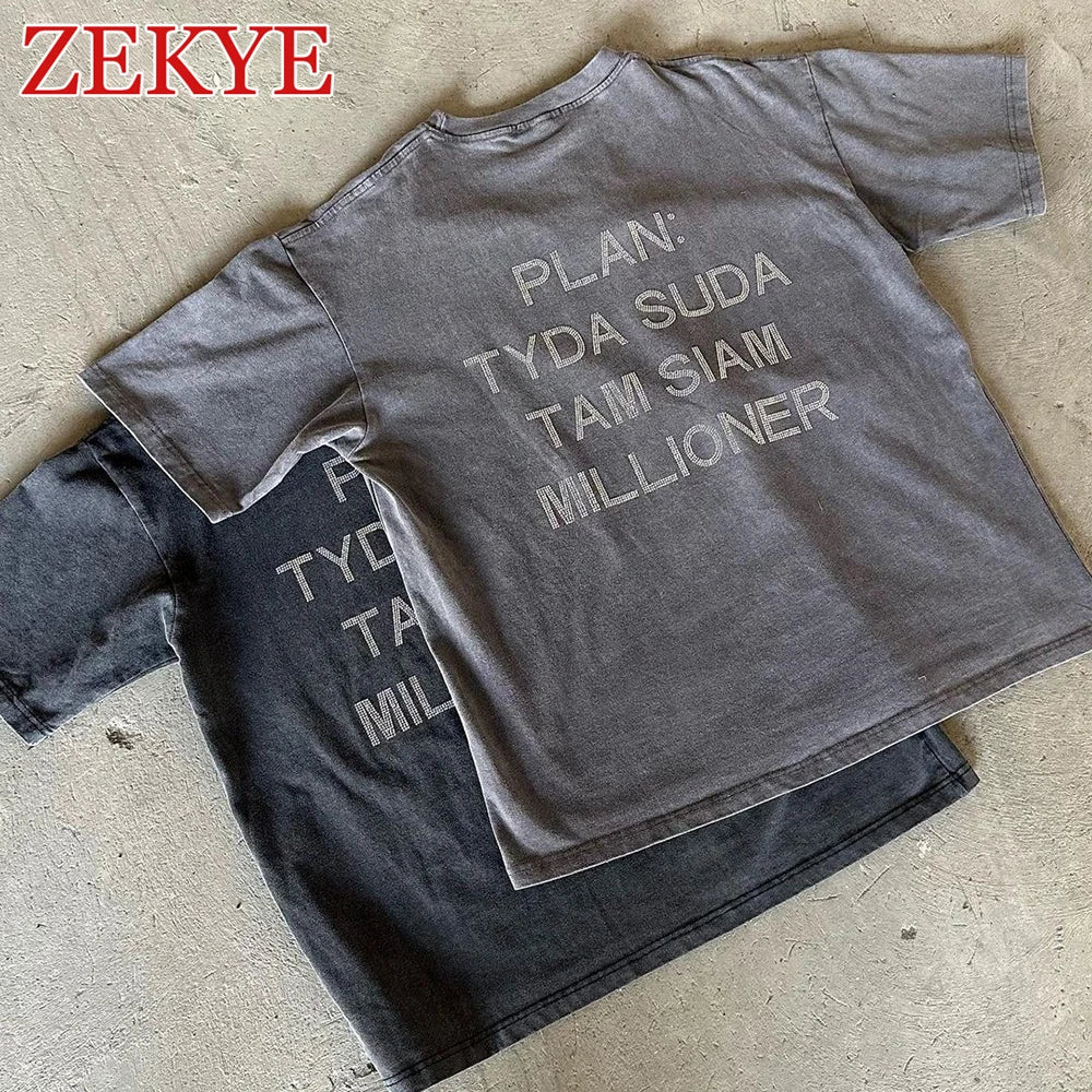 Zekye Rhinestone Letter Casual Tee Shirt Oversize Bodyfriend Style Korean O Neck Summer T Shirt Women Streetwear Harajuku Tops - reetell