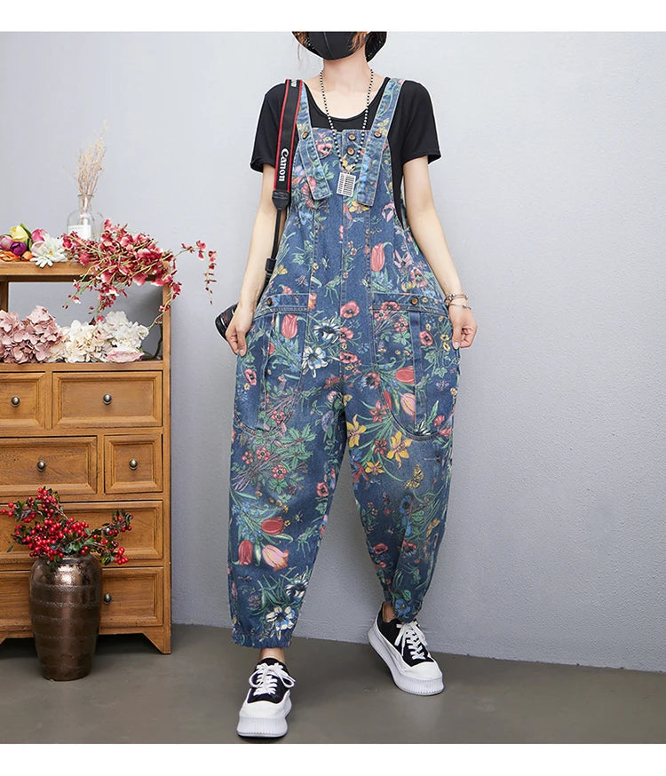 Fashion Streetwear Print Floral Denim Jumpsuit Women Casual Loose Wide Leg Pants Rompers Big Size Pockets Straps Jeans Overalls