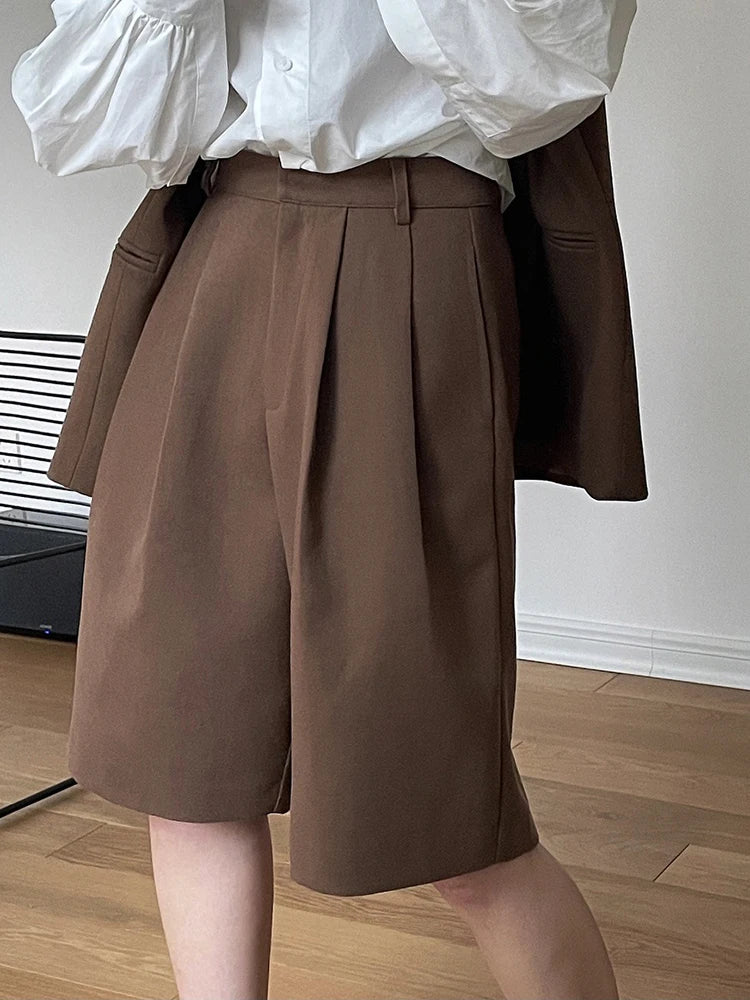 [LANMREM] Pleated Wool Shorts For Women High Waist Straight Office Lady Loose Clothing Korean Style 2024 Summer New 26D8692 - reetell