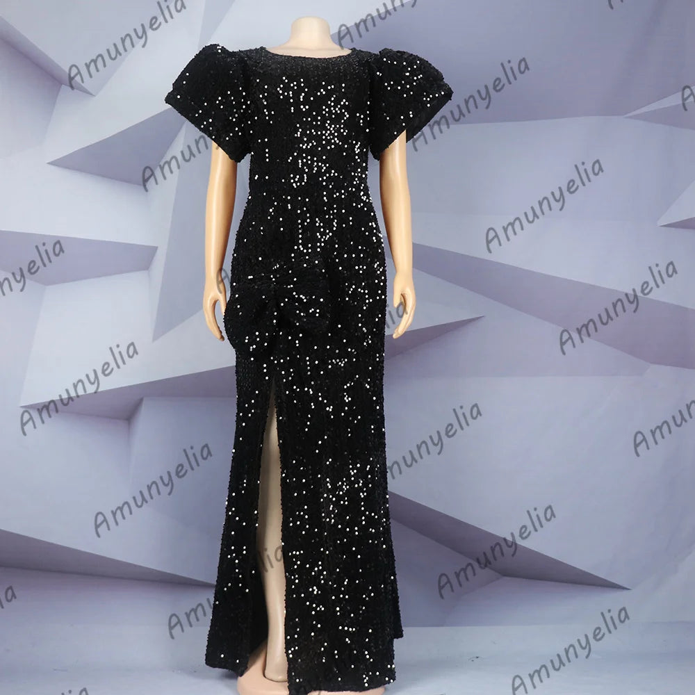 2023 African-American Evening dress Black sequin round neck puffed sleeve high slit floor-length fishtail dress - reetell