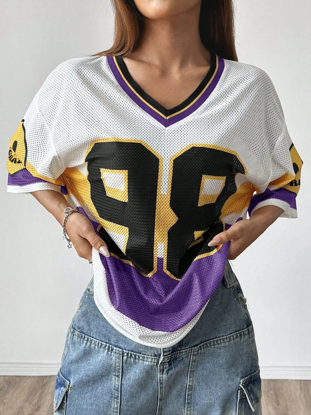 FLARORA Autumn Streetwear Classic Digital Jersey Woman Casual V Neck Half Sleeve Tops American Harajuku Baseball Tees 2024 New - reetell