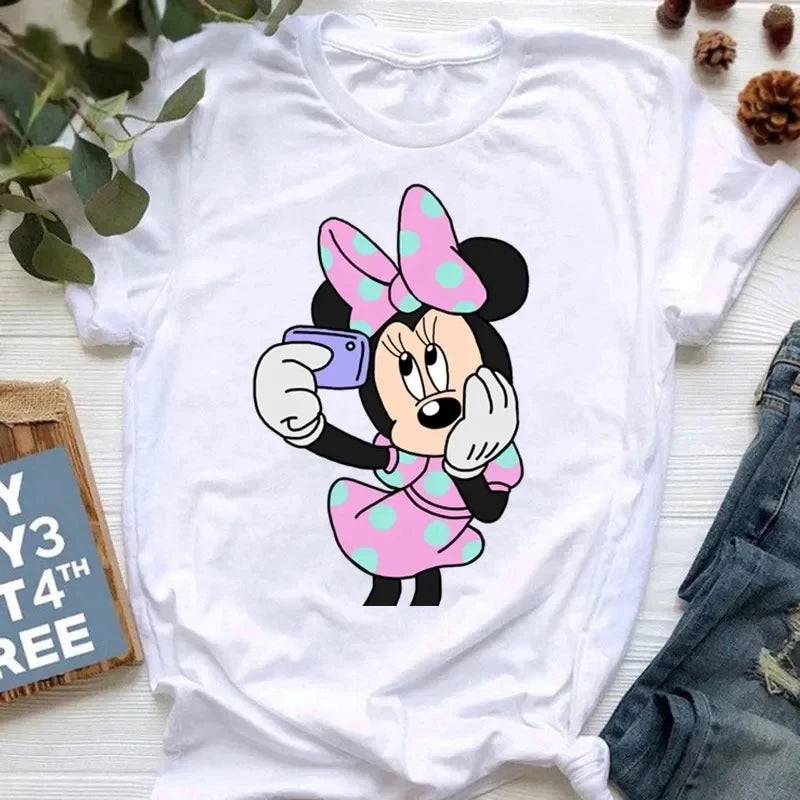 Summer Women's Disney Fun Pink Fairy Minnie Mouse T-Shirt Cotton Comfort Casual White Top Cartoon Disney Kawayi T-Shirt Top - reetell