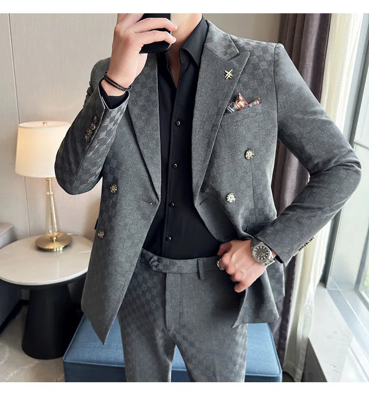 (Jacket+Pants) 2 Pieces Blue Apricot Business Party Men Suits Double Breasted Formal Style Custom Made Wedding Groom Tuxedos - reetell