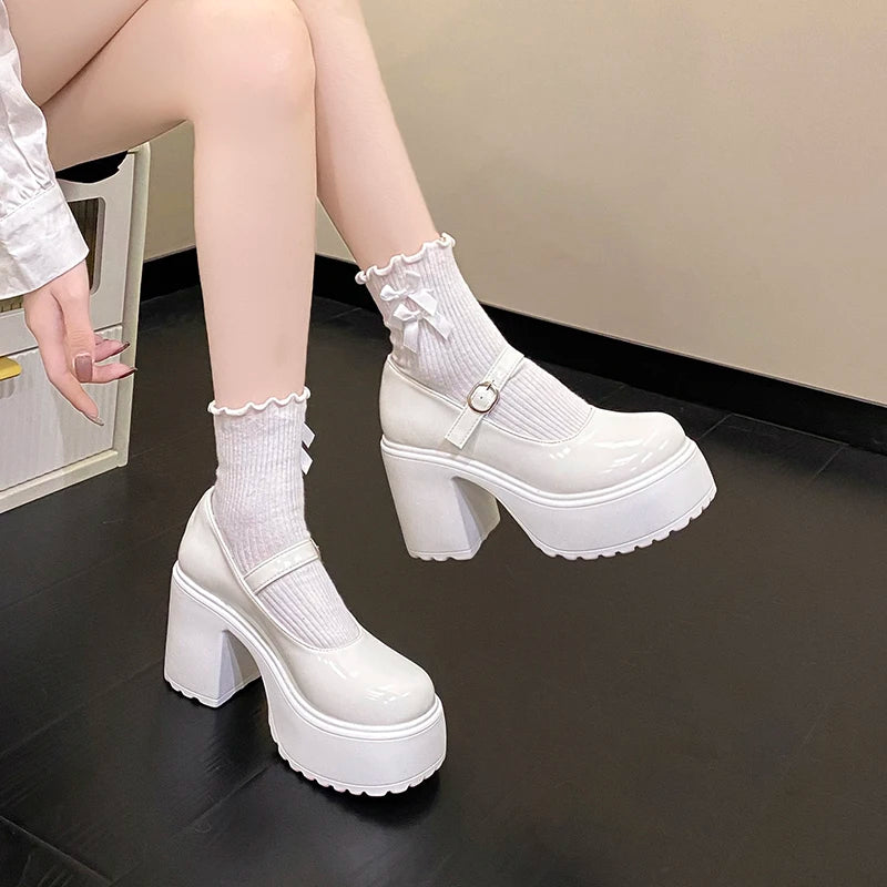 Fashion White Platform Pumps for Women Super High Heels Buckle Strap Mary Jane Shoes Woman Goth Thick Heeled Party Shoes Ladies