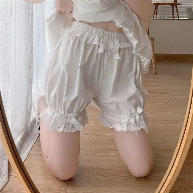 White Ruffles Knickers Women Girl Kawaii Panties Cute Lace Bowknot Lolita Safety Shorts Pants Elastic Vintage Victorian Bloomers - reetell