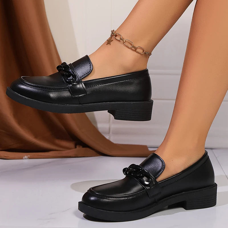 Lucyever Women's Chain Decor Loafers Patent Leather Slip On Platform Shoes Woman Stylish Low Heels Black Office Shoes Ladies 41